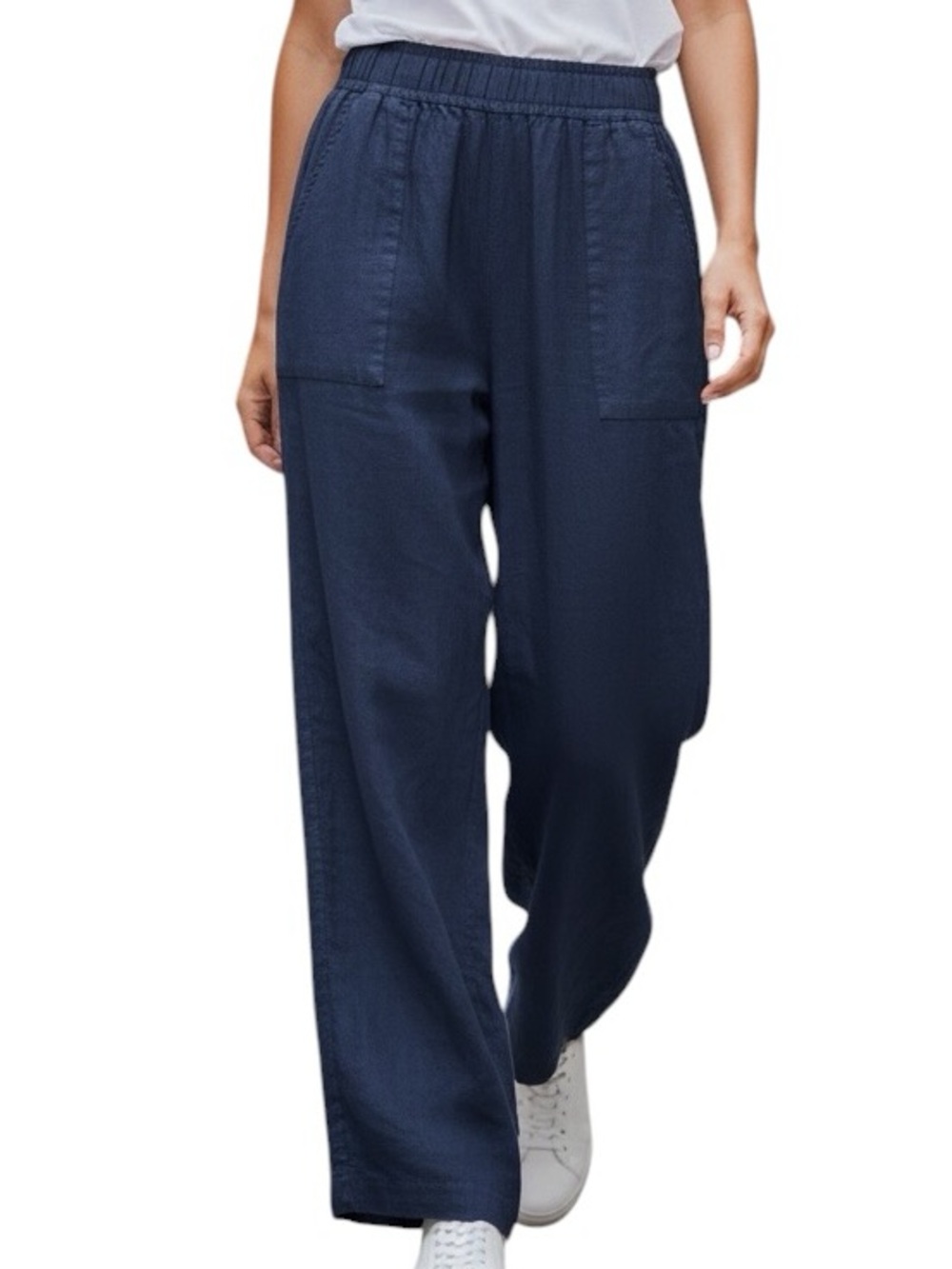 Sigrid Olsen Pants Linen Navy Wide-Leg Elastic-Waist Pull-on Size XSMALL